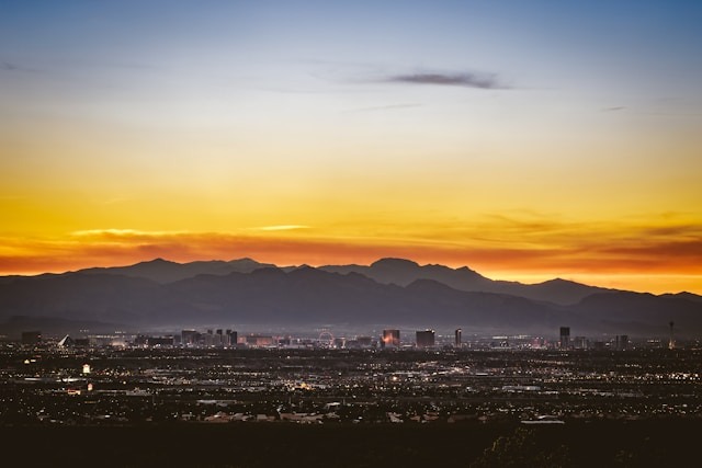 A view of a sunset over the Las Vegas strip.