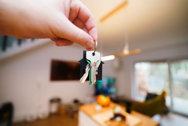 hand holding keys with a house keychain